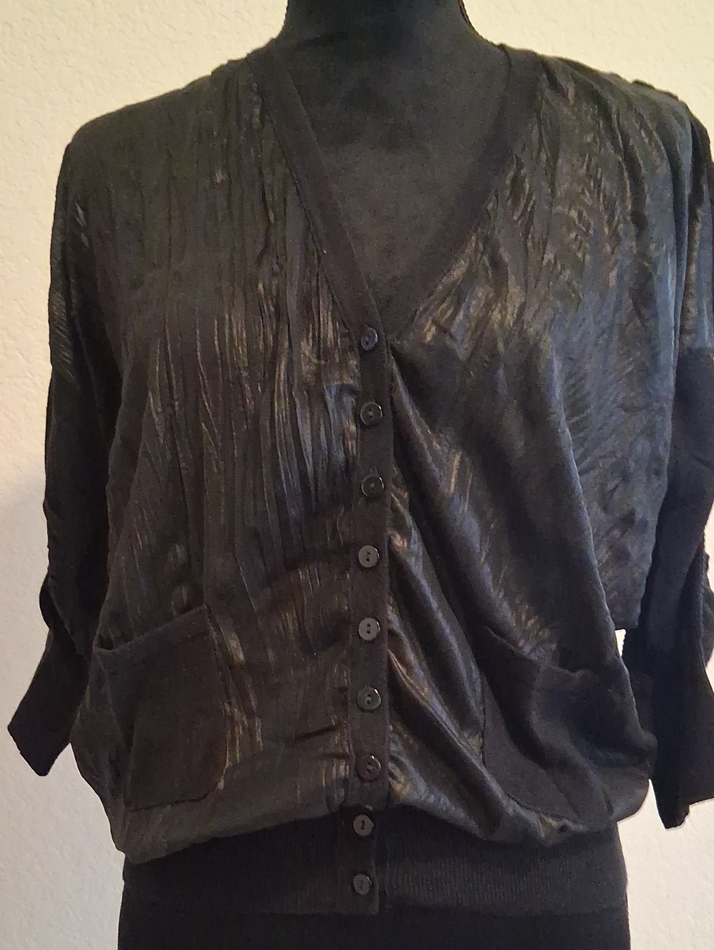 BCBGeneration Black Crinkled Button-Front Pullover